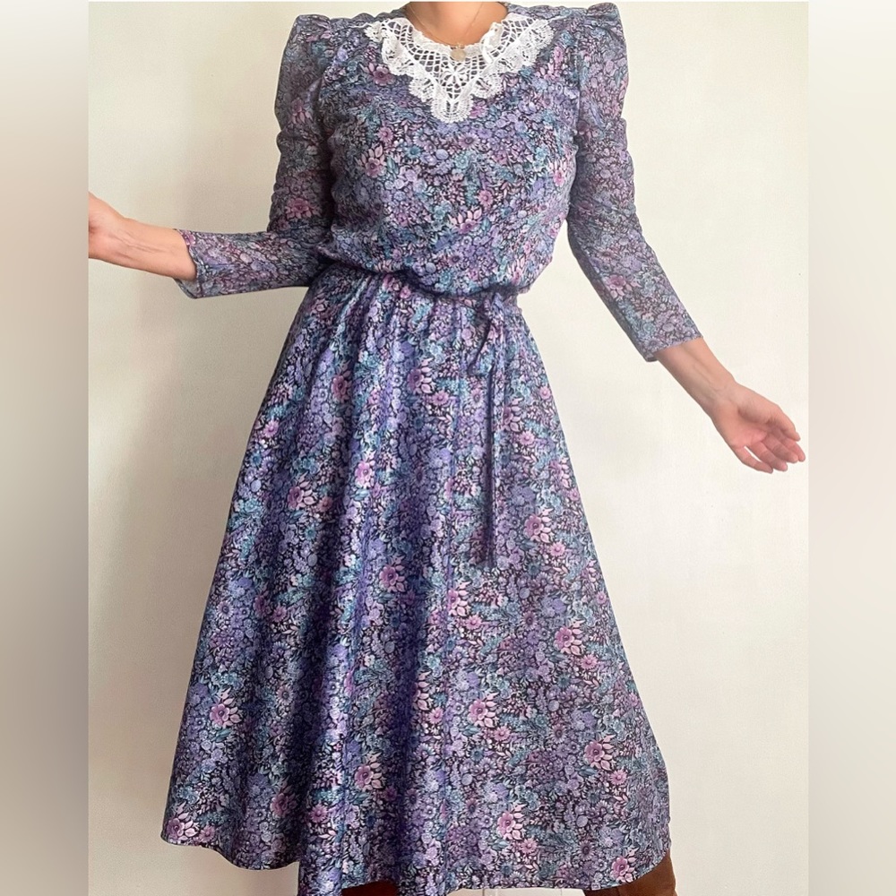 Vintage Floral Print Puritan Lace Collar Day Dress Vintage Secretary Dress